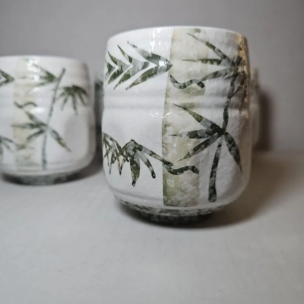 Set Of 4 Japanese Stoneware Handleless Tea Cup Yunomi Green Bamboo